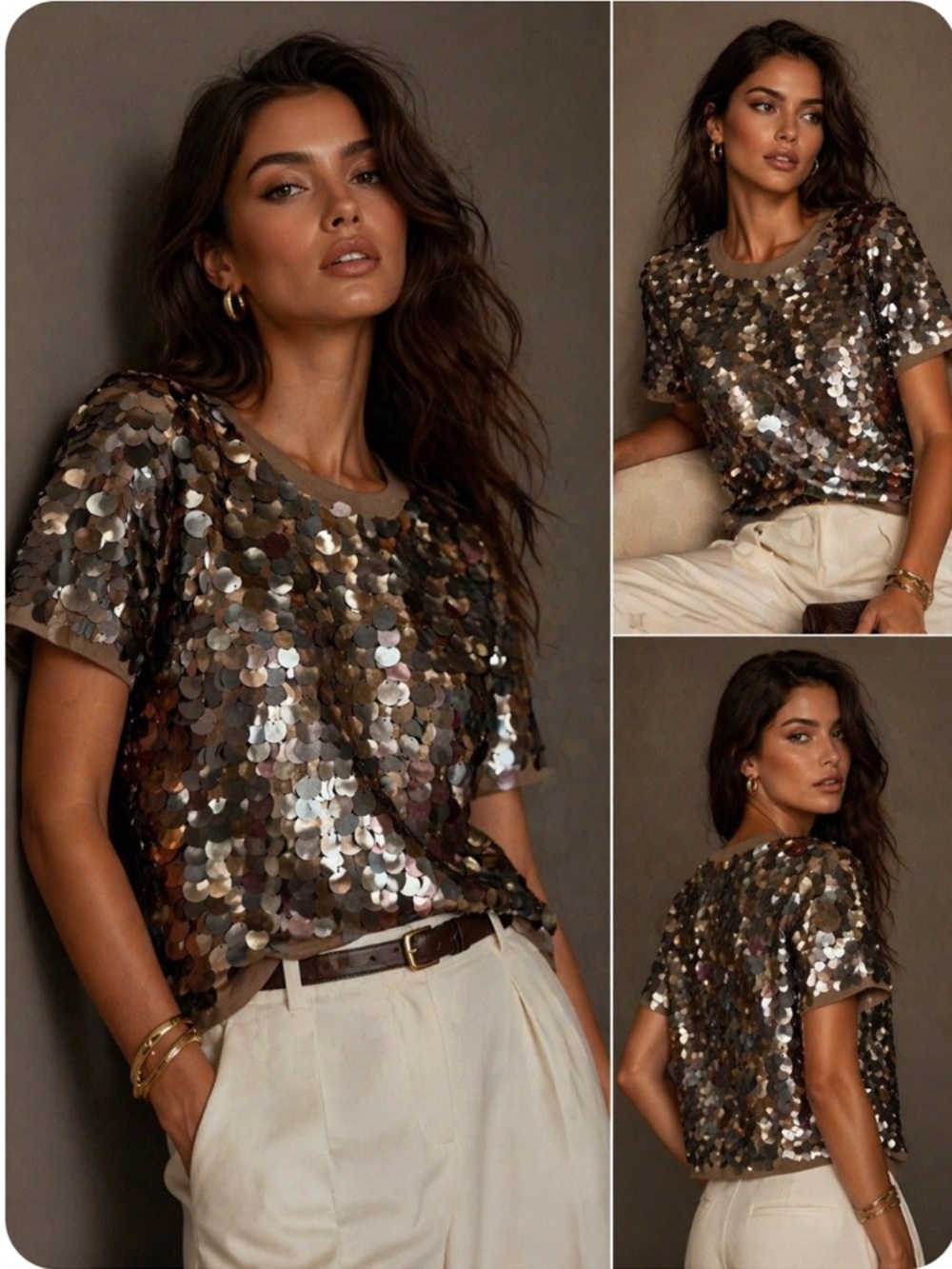 J.Crew Paillette Sequin Short-Sleeve Top Metallic Bronze Size M - READ